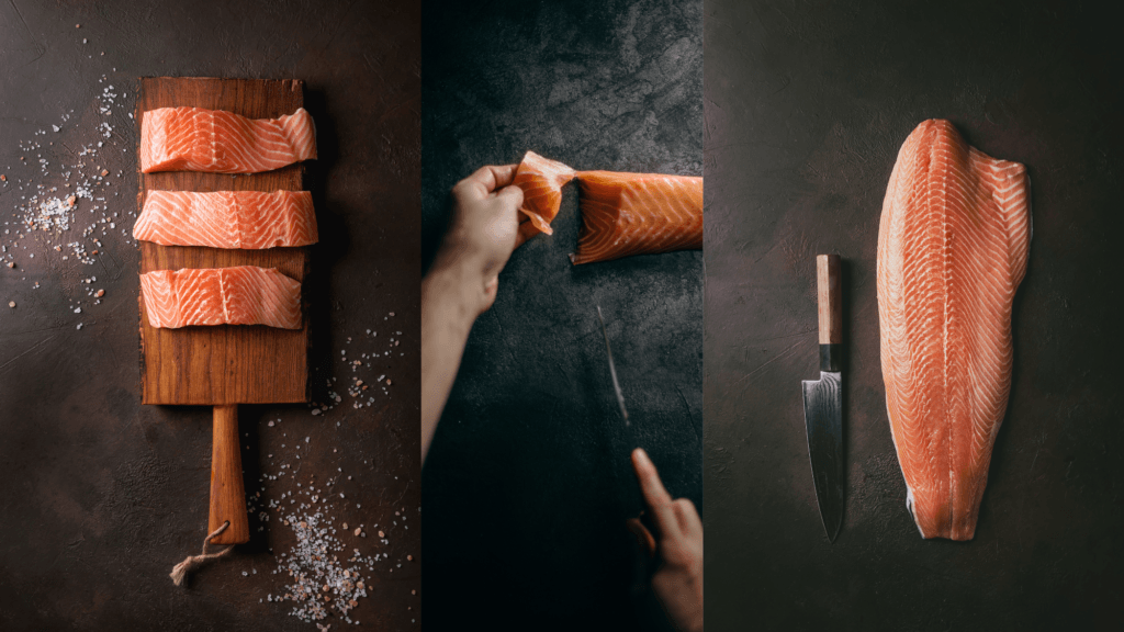 Raw salmon fillet being patted dry