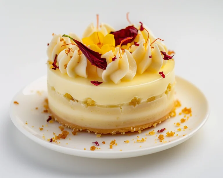 Decorated Rasmalai Cake ready to serve, featuring vibrant pistachios, saffron strands, and Rasmalai pieces