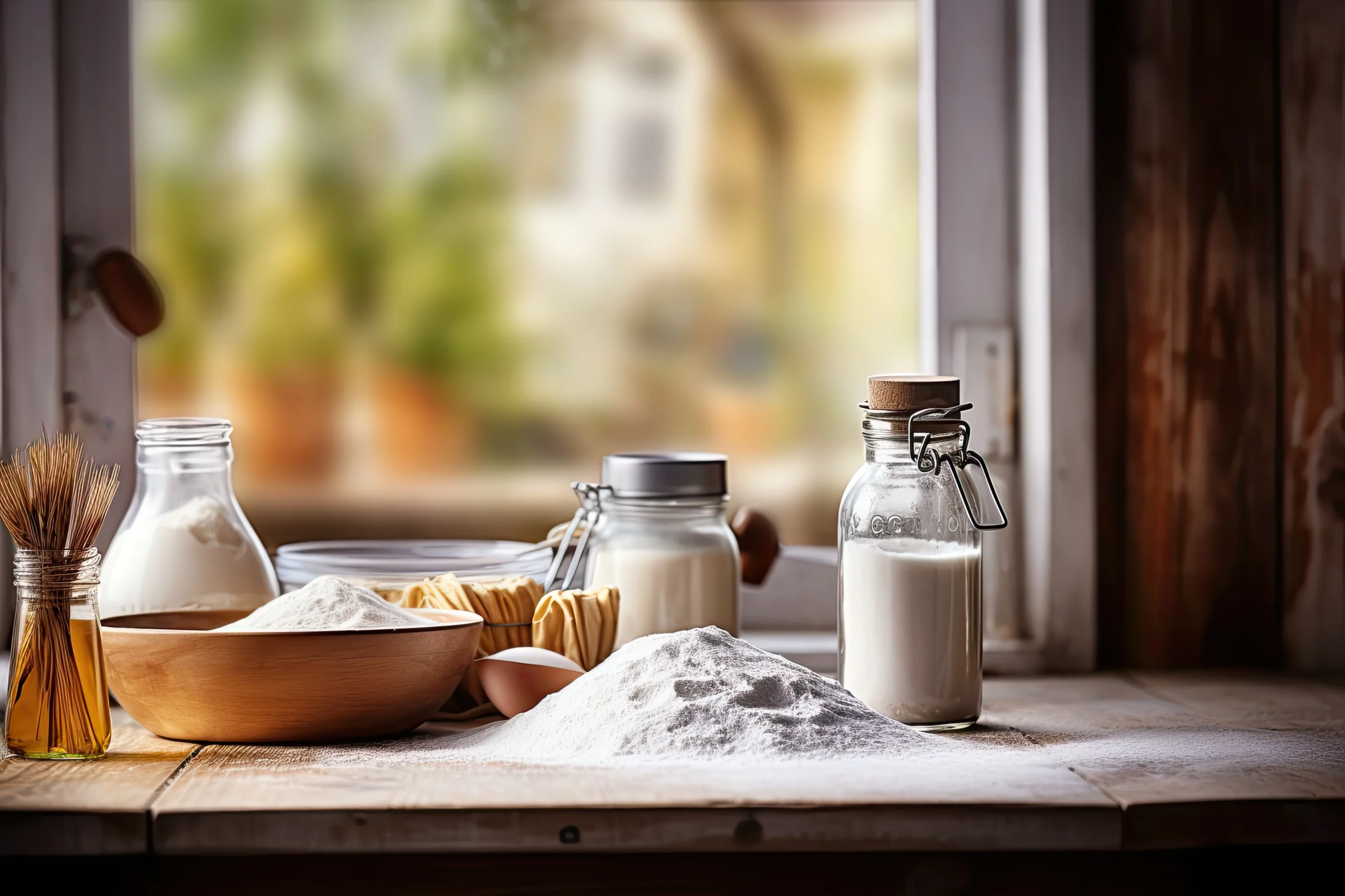 Ingredients for Rasmalai Cake, including flour, sugar, butter, milk, Rasmalai pieces, and saffron strands, arranged on a kitchen counter."