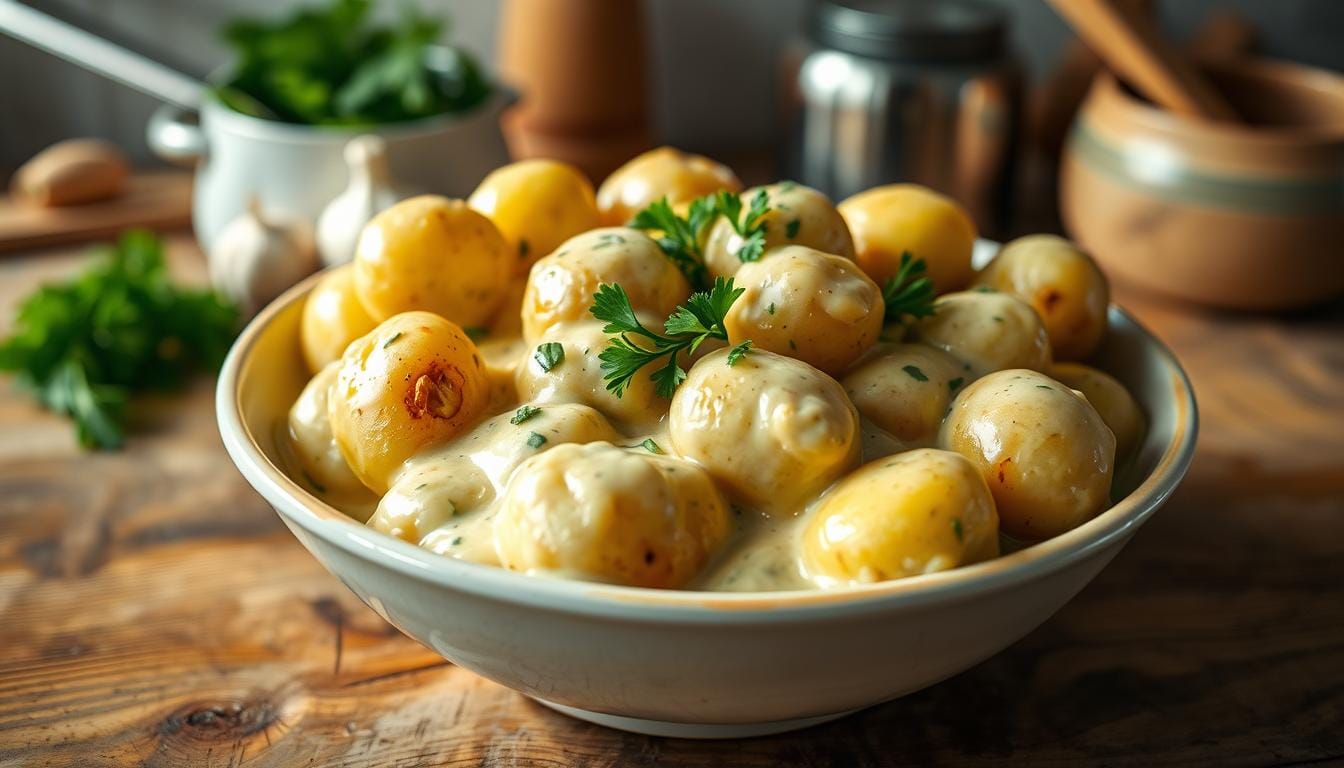 creamy garlic sauce baby potatoes