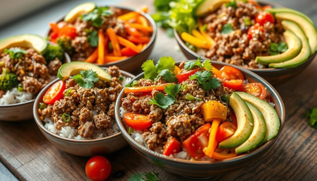 healthy ground beef and rice bowls