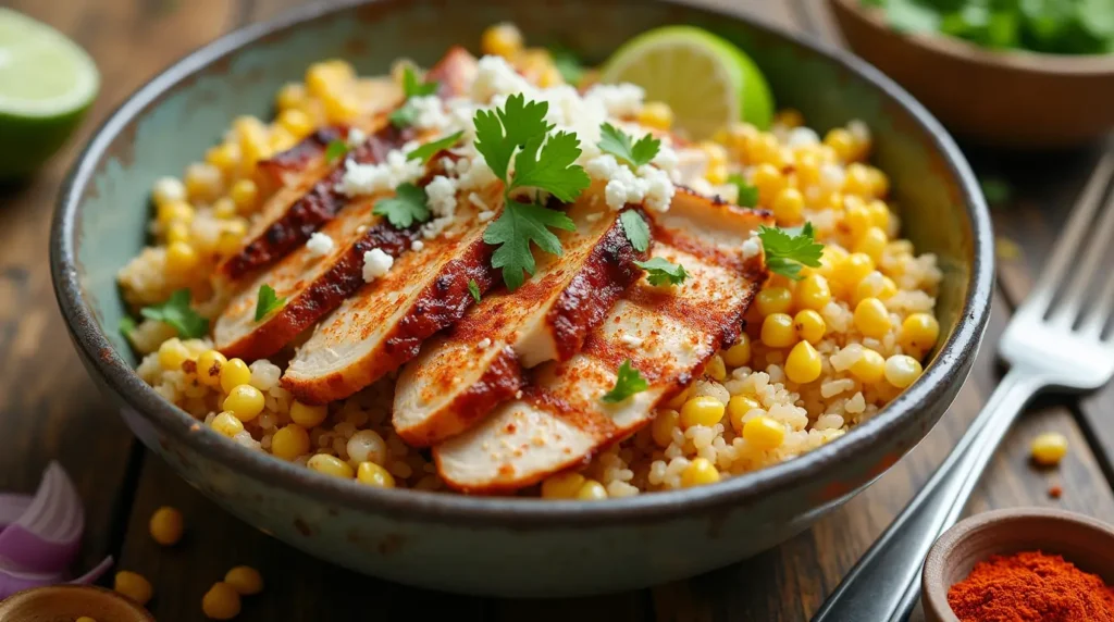 street corn chicken rice bowl